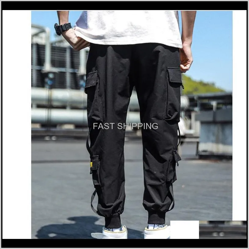 mens spring hip hop joggers black harem cargo pants multi-pocket ribbons male sweatpants streetwear casual pants m-3xl
