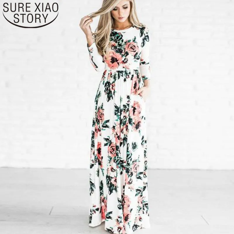 High Waist Floor-length Black and White Women Spring Long Sleeve Flower Print Chiffon Dress 2966 50 210417