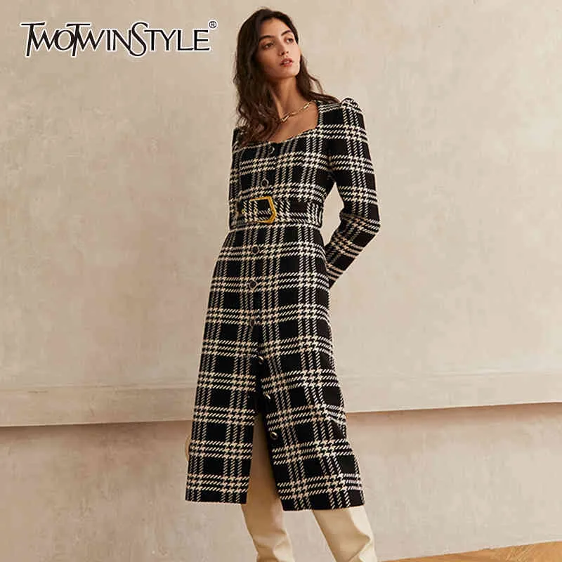 Twotwinstyle xadrez vestido casaco para mulheres coleira quadrada manga comprida alta cintura com faixas elegante casaco feminino moda outono 210517