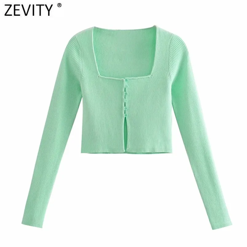 Femmes Vintage col carré mince court vert tricot pull femme Chic été mince Cardigans hauts courts S718 210420