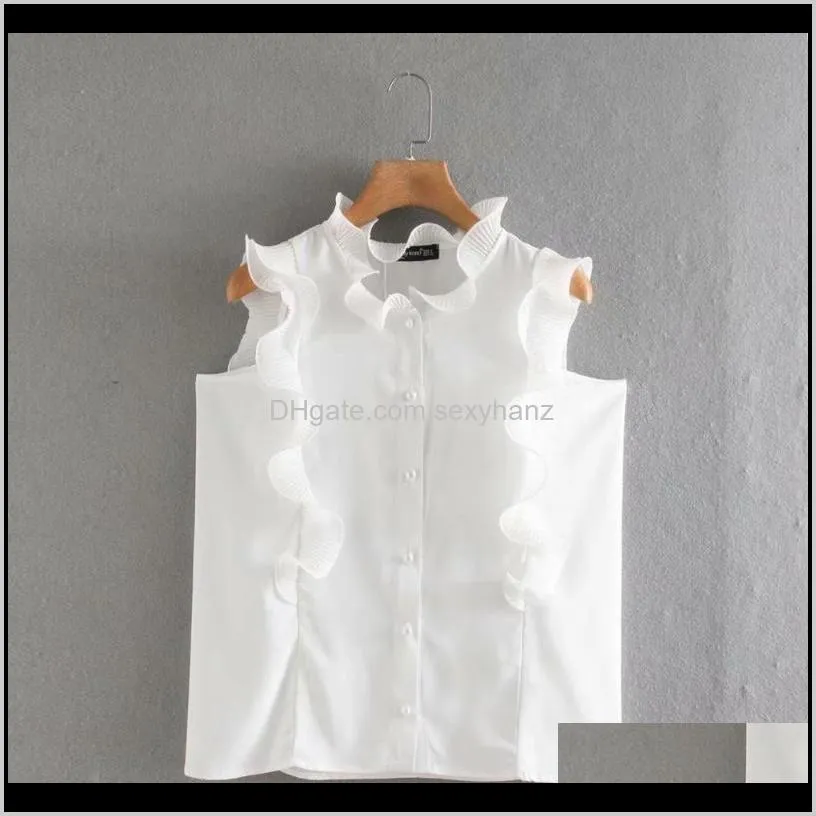 new women ruffles decoration sleeveless casual chiffon blouse female pearl buttons white shirts leisure chic chemise tops ls6551 0gut#