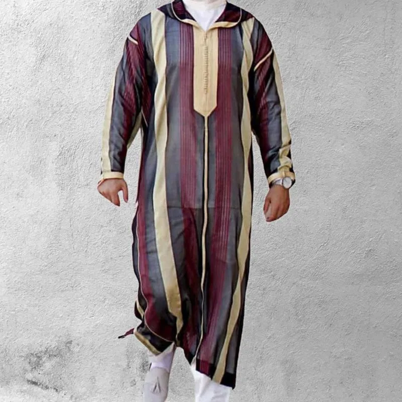 メンズカジュアルシャツイスラム教徒の男性ローブストライププリントフード付き長袖ラペル男性伝統的な服プラスサイズルーズカフタン209n