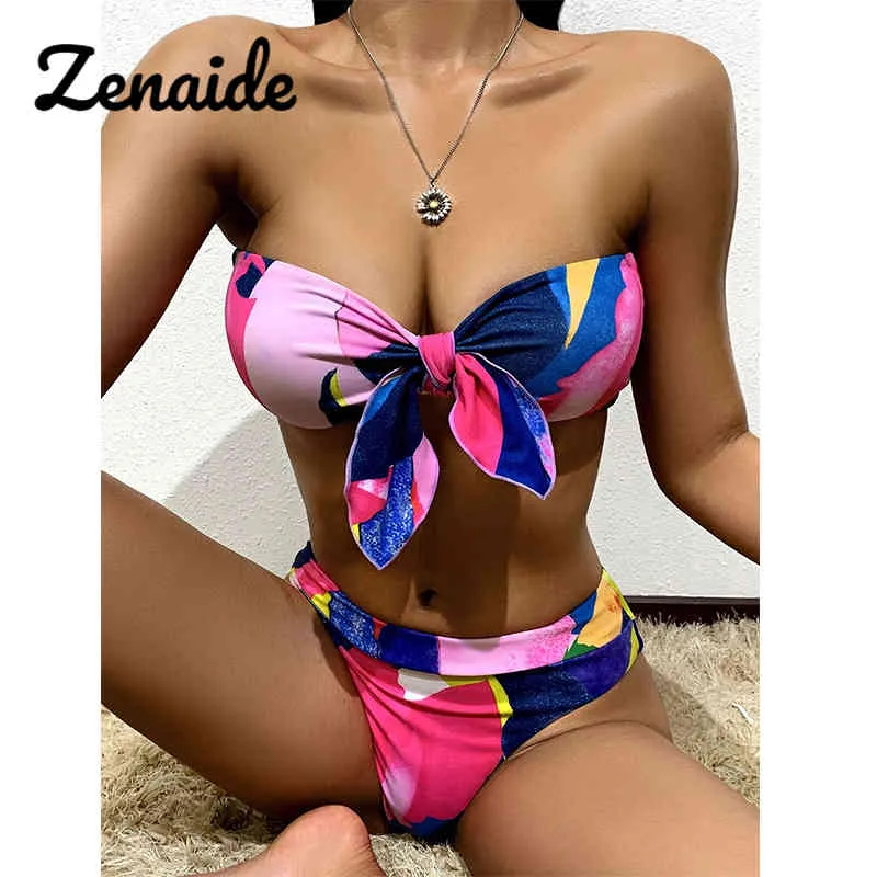 Zenaide Tie Cravate Teinture Multicolore Sexy Taille haute Bikini 2021 Femme Séparer Straclbow Maillot de bain Stade Maillot de bain Été Maillot de bain Femmes X0522