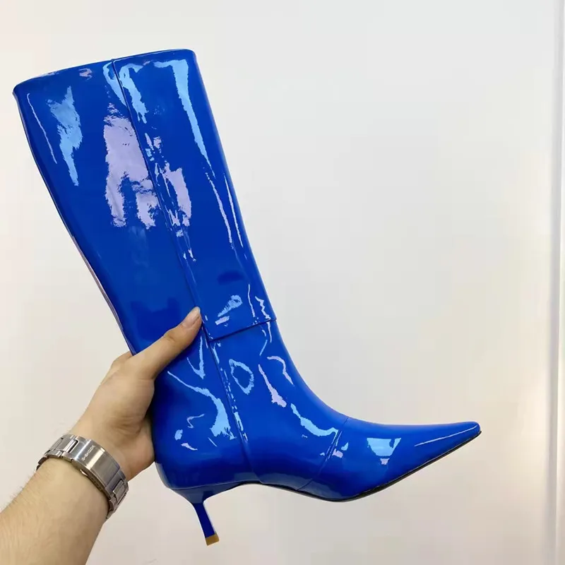 Sexy Candy Color Orazed Toe Knee High Boots Designer Shinny кожаный высокий каблук широкий теленок ботинок зимняя обувь