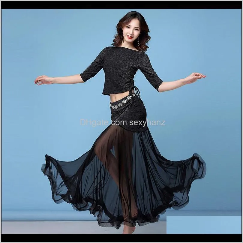 new fashion women belly dance clothing stretchy shinny fabric off shoulder ruffles maxi long skirts bellydance costume set 2pcs cpda#