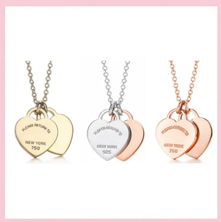 Klassieke Sterling Sier Ketting Dubbel Hart Hanger Kettingen Itys voor Lover Man Vrouwen Party Bruiloft Sieraden Hoge kwaliteit met Box Kaarten en Co Bags