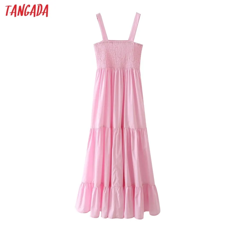 Sommar mode kvinnor rosa maxi lång klänning bomull band ärmlös kvinna strand sundress 5x25 210416