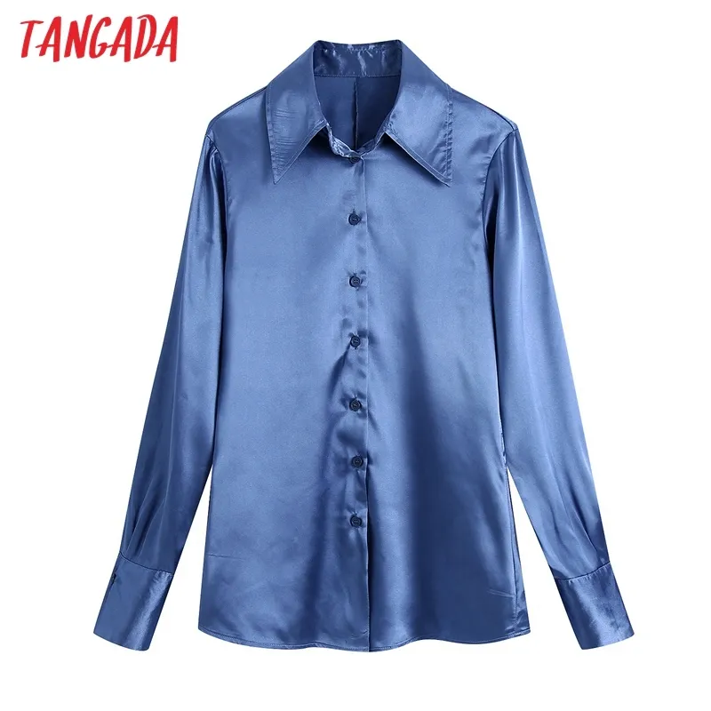 Vrouwen Mode Blauw Satijn Shirt Vintage Lange Mouw Button-Up Vrouwelijke Blusas Chic Tops Be619 210416