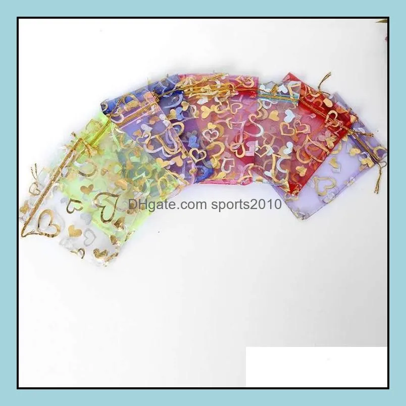 200Pcs Gold Heart Organza Drawstring Bags Wedding Favor Gift Bag 9X12 cm ( 3.5 x 4.7 inch) Multi Colors LX1713