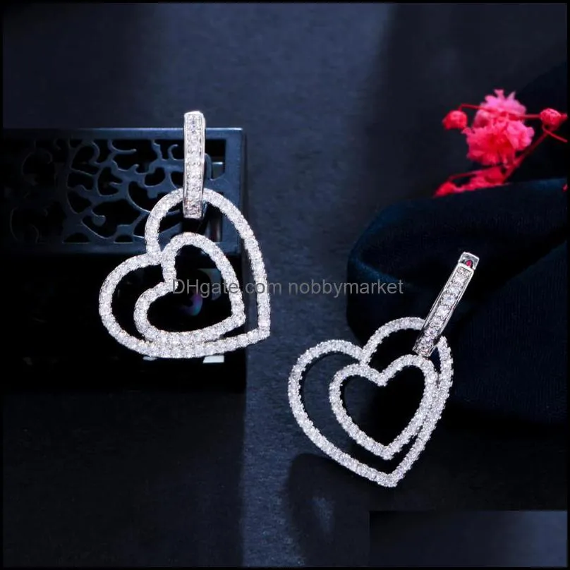 Hoop & Hie Earrings Jewelry Cwwzircons Micro Pave Cubic Zirconia Cute Double Heart Shape For Women 2021 Trendy Ear Cz960 Drop Delivery Kwcn3