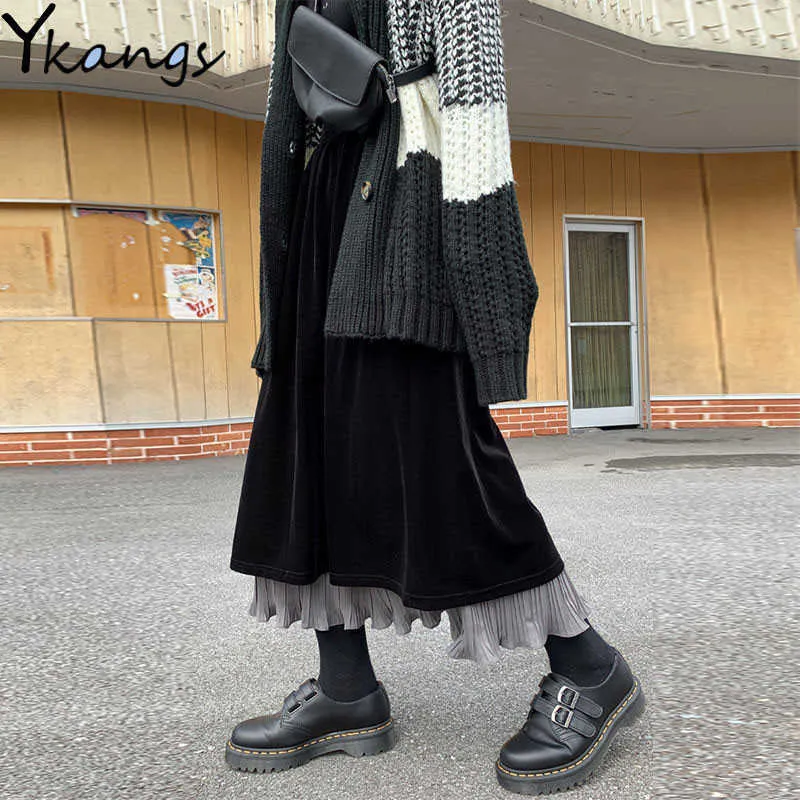 Winter Vintage Velvet Pleated Skirts Women Black Stitching High Waist Long Retro Velour Skirt Korean Style Female Faldas Saias 210619