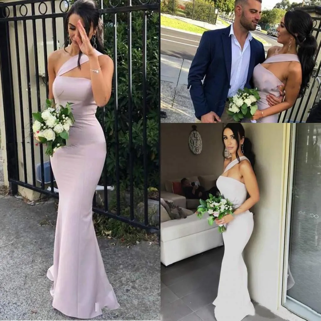 2021 Neuankömmling Meerjungfrau Brautjungfernkleider für Hochzeiten Satin One Shoulder Ärmellose bodenlange Brautjungfernkleider Plus Size