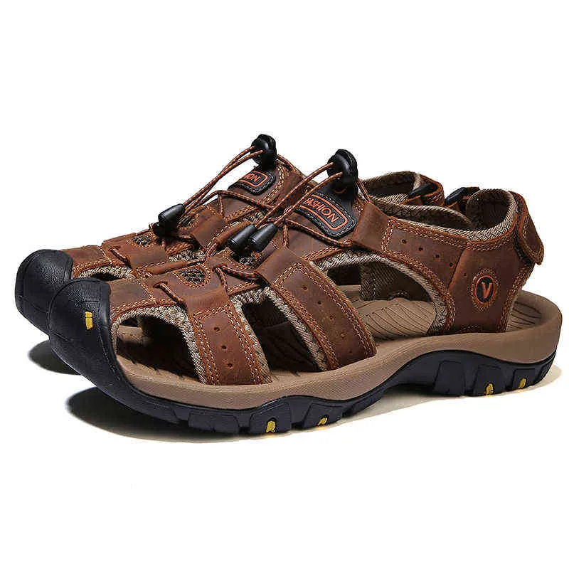 Nxy Sandals Summer Men Casual Beach Outdoor Water Shoes Breathable Trekking Fashion Hiking Climbing Fishing Genuine Leather Leisure 0210