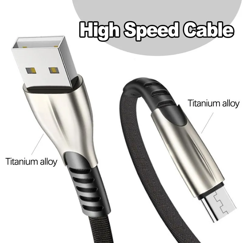 Titanlegering Höghastighetsgrad 2.4a USB Telefonkablar Snabb Laddare Mikro Typ C Laddningskabel 1m 2m 3m för Android Samsung Huawei