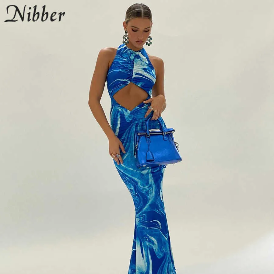NIBBER Y2K Sexy Beach Bodycon Dresses Kvinnor Hollow Out Off Shoulder Backless Print Tie Dye Blue Maxi Klänningar 2021 Sommar Y0726