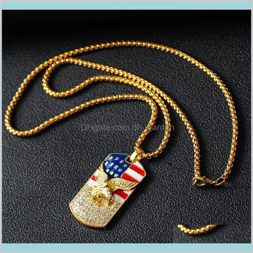 Necklaces Pendants Fashion Hiphop Gold American Flag Eagle Pendant Chain Military Soldier Mens Necklace Golden Neck Jewelry Accessorie