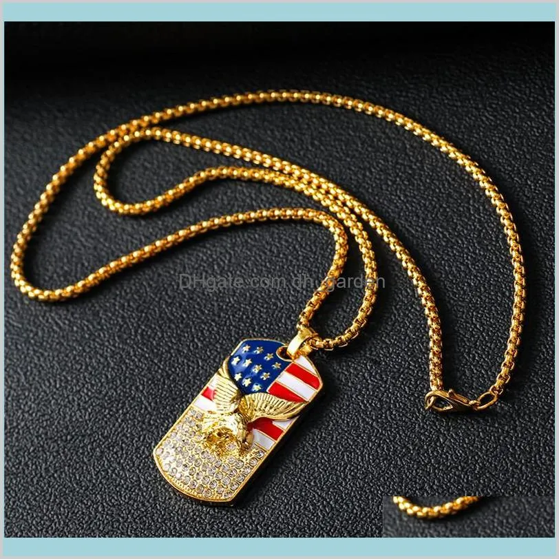 Colliers Pendentifs Mode Hiphop Or Drapeau Américain Aigle Pendentif Chaîne Militaire Soldat Mens Collier Or Cou Bijoux Accessoire