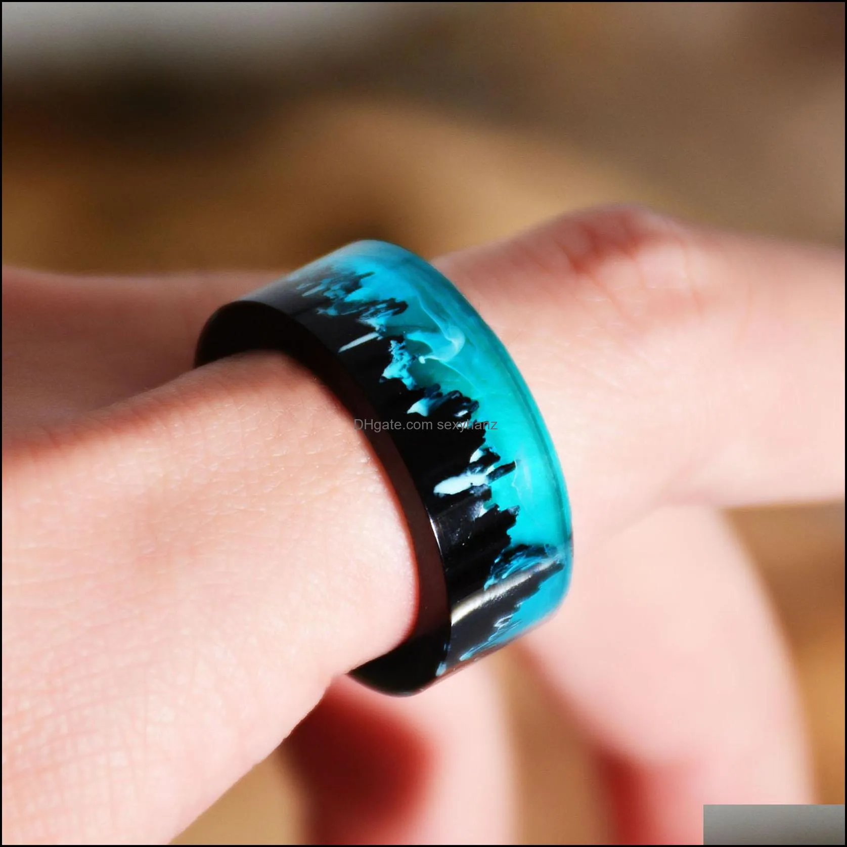 Blue Resin Rings for Women Men Wood Resin Landscape Ring Male Natural Scenery Epoxy Resin Rings Female Finger Punk Jewelry