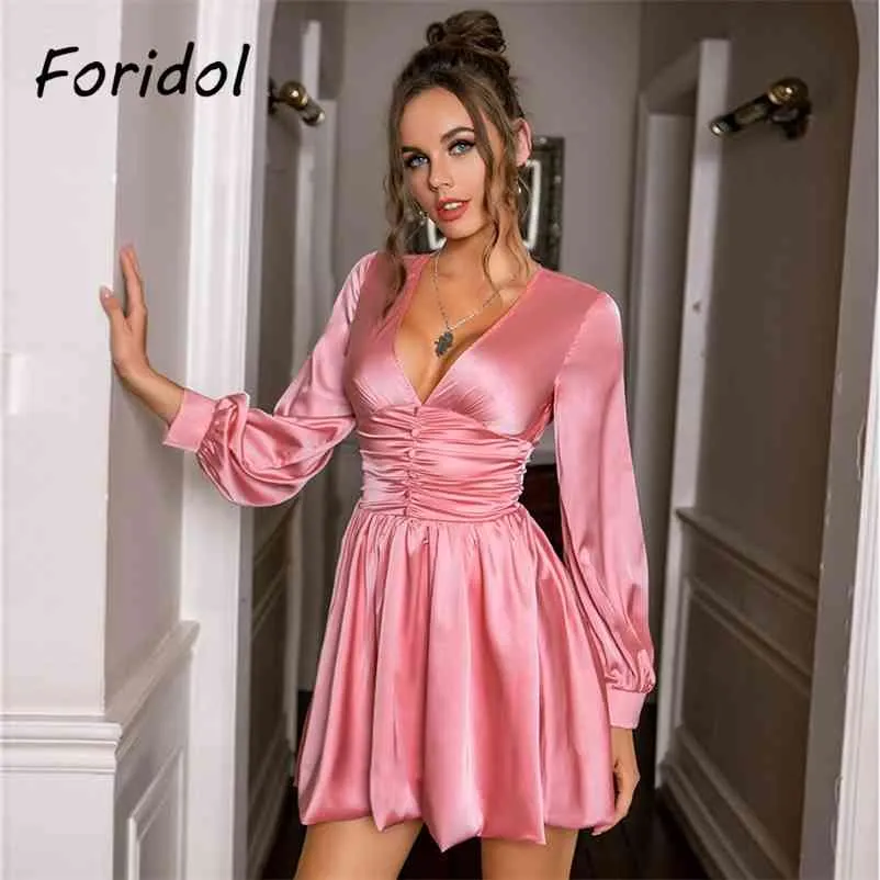 Foridol Moda Z Długim Rękawem Różowa Satyna Sukienka Kobiety Casual Daude Dress Dress Evening Party Vestido Feminino Vintage 210415