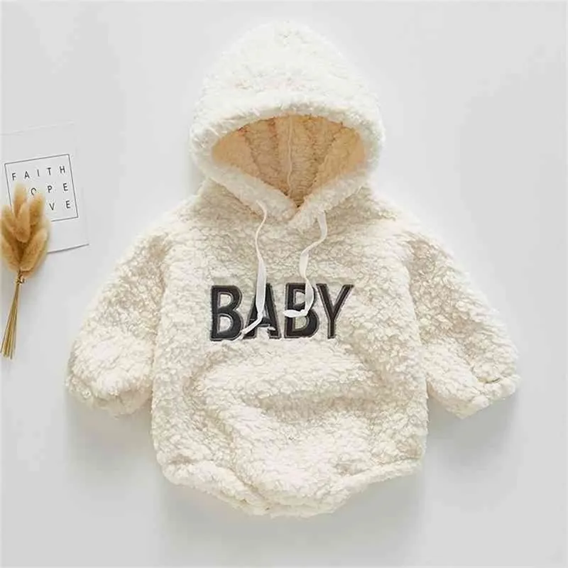 Född Baby Girls Boys Romper Söt Brev Kläder Bomull Woolen Hooded Cap Rompers Spädbarn Jumpsuit 210429