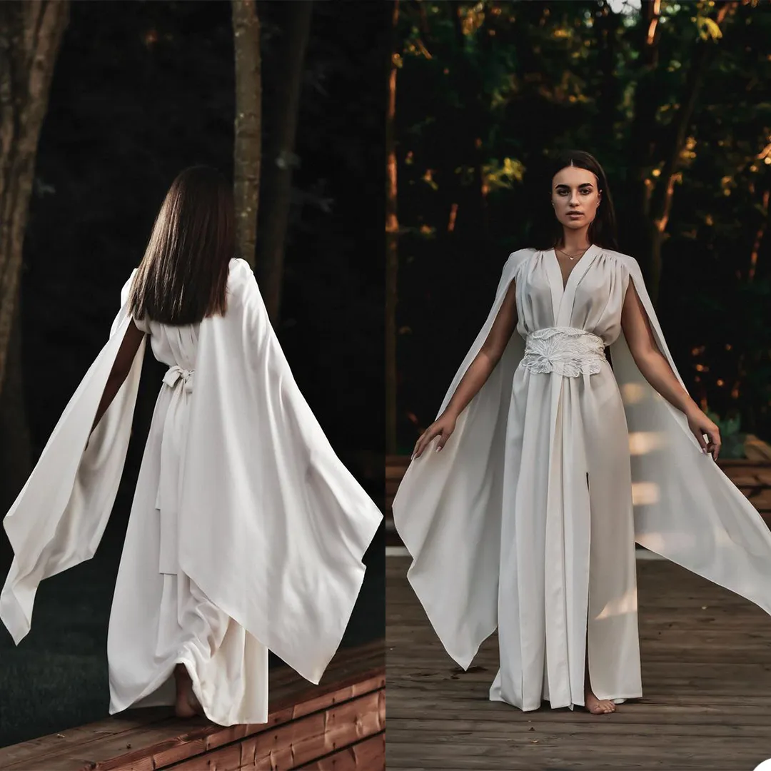 2021 Kimono Branco Mulheres Sleepwear Envoltórios V Neck Shawl Ribbon Roupão de Nightgown Robe Prom Maternity Dress Photography