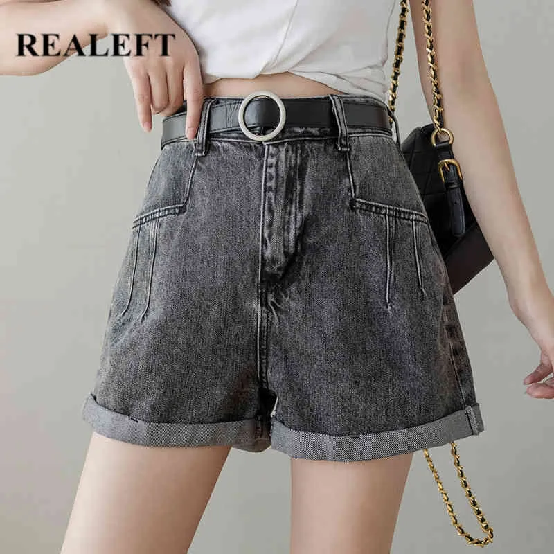 Zomer Casual Denim Women's Shorts met gordel Mid Taille Wide Pen Vintage Losse Vrouwelijke Jeans Pocket 210428