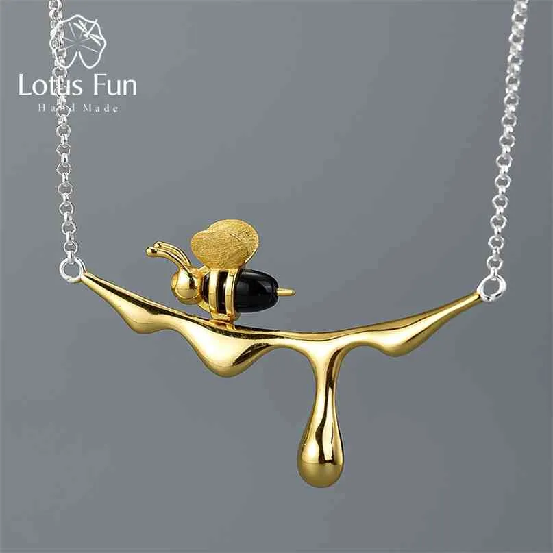 Lotus Fun 18K Gold Bee and Dripping Honey Pendant Necklace Real 925 Sterling Silver Handmade Designer Fine Jewelry for Women 210721