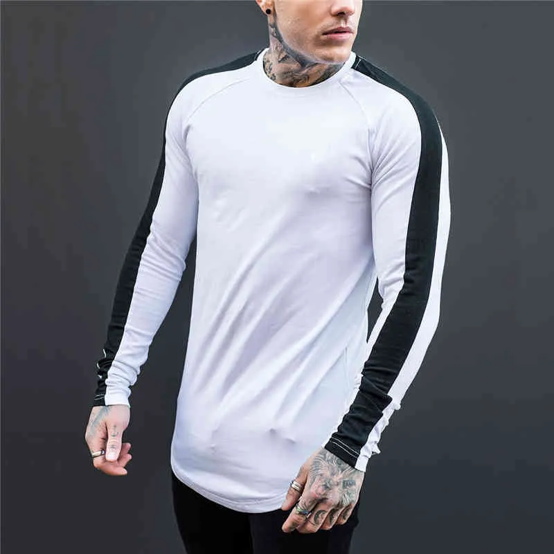 Muscleguys Fashion O-Neck T-shirt Män Solid Patchwork Bomull T-shirts Male Kläder Långärmad T-shirt Tunna Slim Fit Tee Shirts 210421