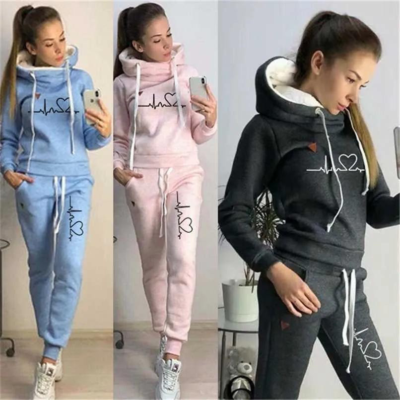 Women's Tracksuit Female Pullover Hoodies Jogging Pants Sweatshirt Sports Suit Two Piece Set Women Clothing Winter Warm Outfits 210930