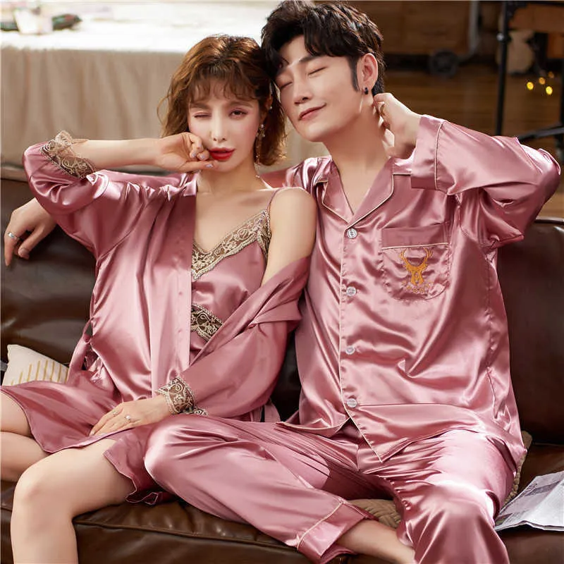 Sexy Ice Silk Pajamas For Couples Long Sleeve Faux Silk Women's Dressing  Gown Casual Loose Male Home Clothes 2 Piece Sets 211019