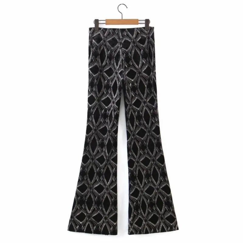 Geometric Print Velvet Flare Pants For Women Casual Loose Geometric Print Velvet Flare Pants For Women Casual Loose