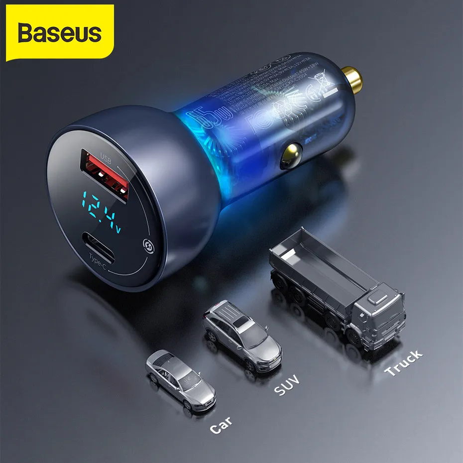 Baseus 65W QC + PPS Dual Snabbtyp C Snabb Laddbil för mobiltelefon Tablet Laptop Laddning Auto Charger Adapter