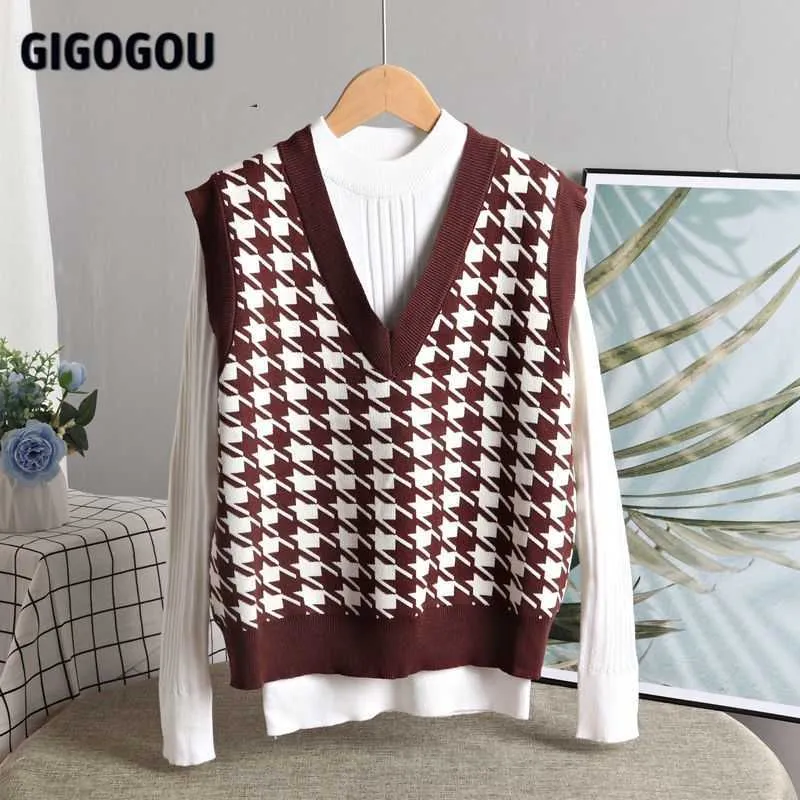 GIGOGOU Houndstooth Knit Women Sweater Vest Autumn Spring Autumn Woman Pullovers Tops Retro Sleeveless Waistcoat Pull Femme 211008