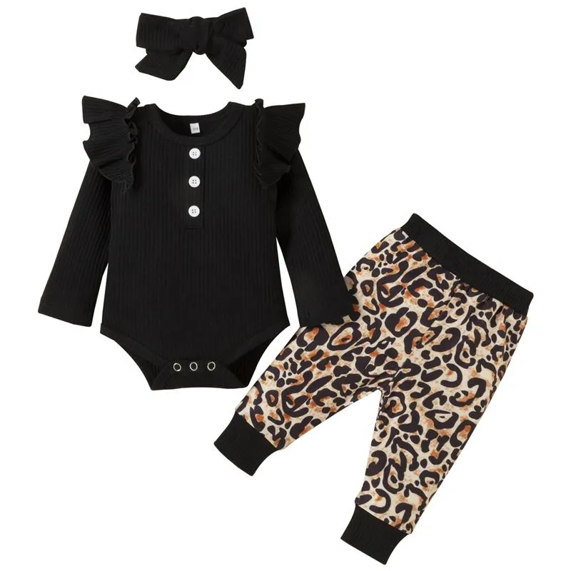 Giyim Setleri 3 adet Bebek Kız Uzun Kollu Ruffles O-Boyun Düğmesi Bodysuit Leotard + Leopar Baskı Trousesr + Kafa Giysileri