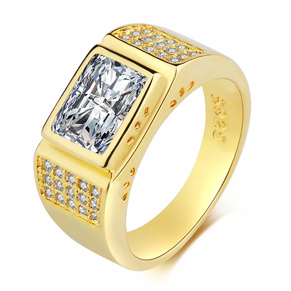 Big Square Zircon Diamonds Gemstones Masculine Rings for Men 18k Gold Color Not Fade Bague Jewelry Wedding Bands Accessories