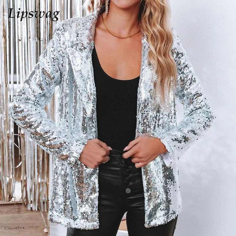 Kvinnors Jackor Kvinnor Vinter Elegant Glitter Sequin Glänsande Party Jacka Höst Fashion Turn-Down Collar Toppar Ladies Casual Långärmad Cardig