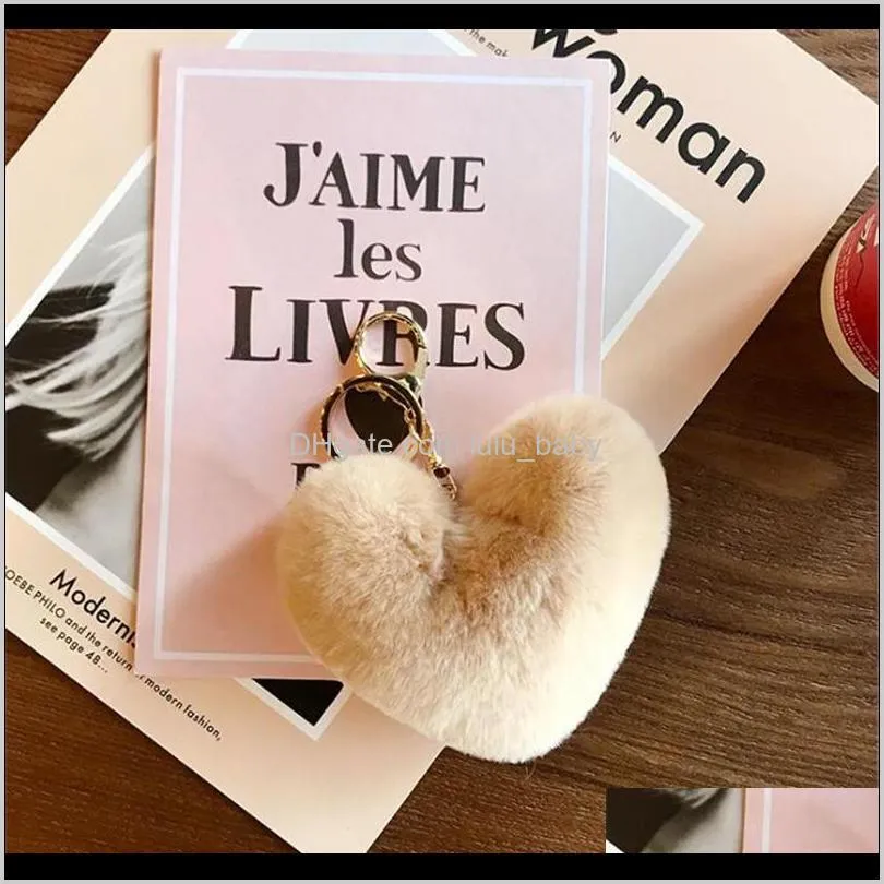 new rabbit fur heart shape keychain soft fur lovely gold metal key chains pom poms plush keychain car keyring bag earrings accessories