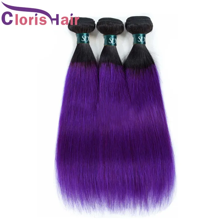 Two Tone Peruvian Virgin Human Hair Extensions 1B Purple Colored Silky Straight Bundles 3pcs Dark Roots Ombre Weave Durable Double Weft