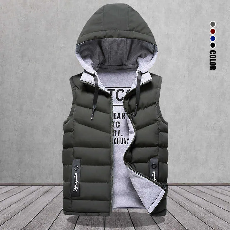 Märke Mäns Vest Vinter Ärmlös Jackor Down Vest Men Hooded Warm Casual Outwear Hat Avtagbar Outer Vest Chalecos 211019