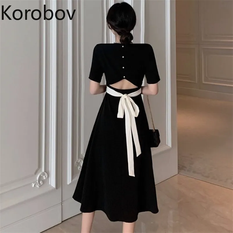 Korobov Sommer Neue Chic Schnürung Bogen Frauen Kleid Vintage Elegante Hohe Taille Süße Kleider Kurzarm Vestidos 2a650 210430