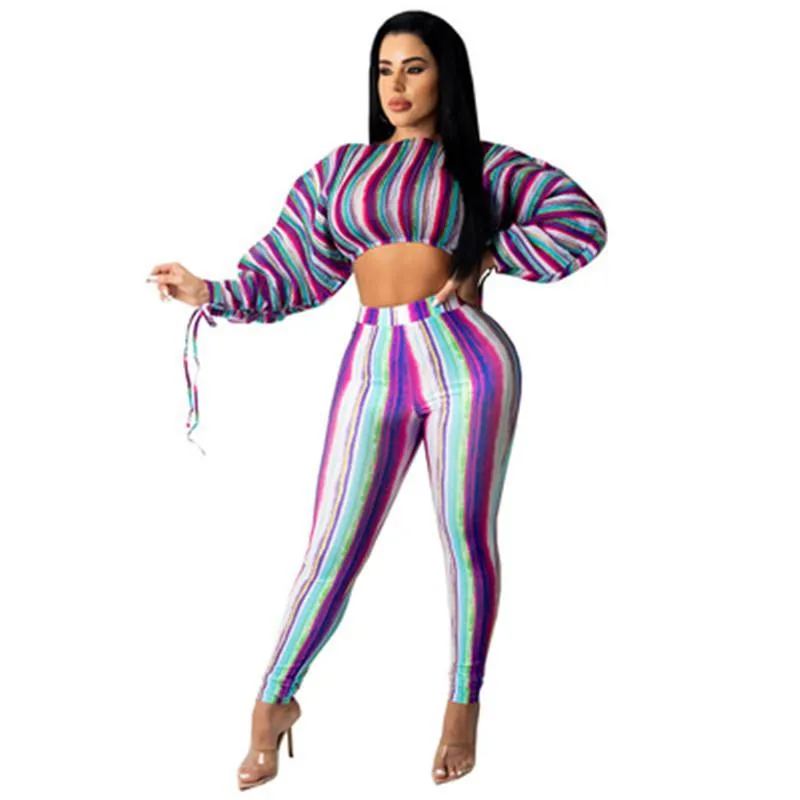 Women's Two Piece Pants Plus Size Women Autumn Print Lantern Sleeve Drawstring Leisure Two-piece Suit Striped Top + Trousers Square Neck Pul