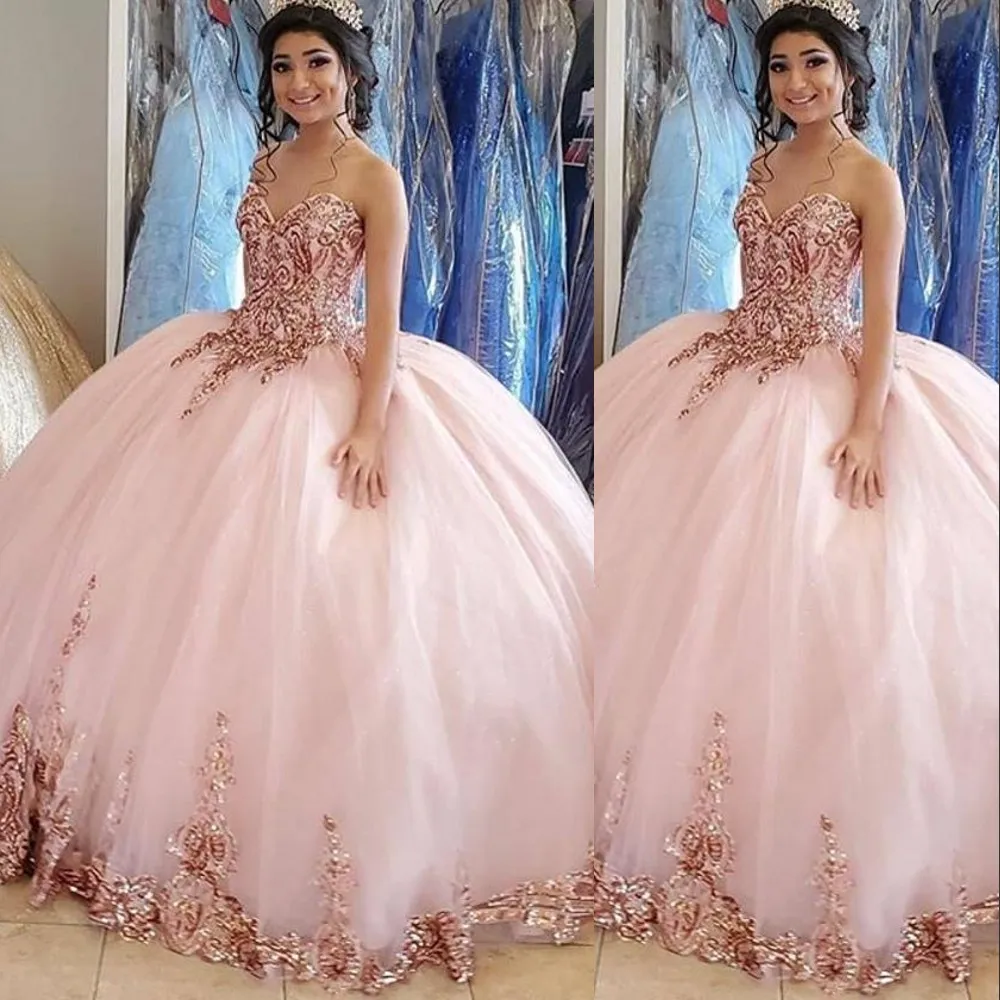 2021 Rose Gold Rosa Pailletten Elegante Quinceanera Kleider Puffy Ballkleid Schatz Ärmellos Plus Size Pailletten Spitze Formelle Party Prom Abendkleider