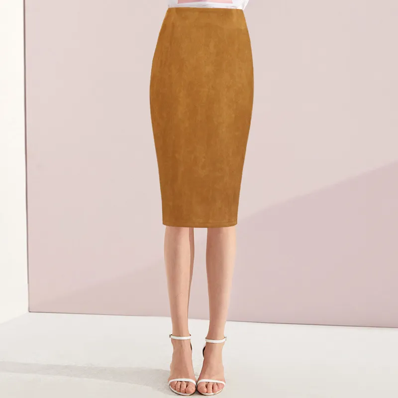 Women's High Waist Suede Skirt Pencil Knee Length Leather Suede Skirts Women Vintage Midi Brown Skirt Khaki Winter Office Wear 210421