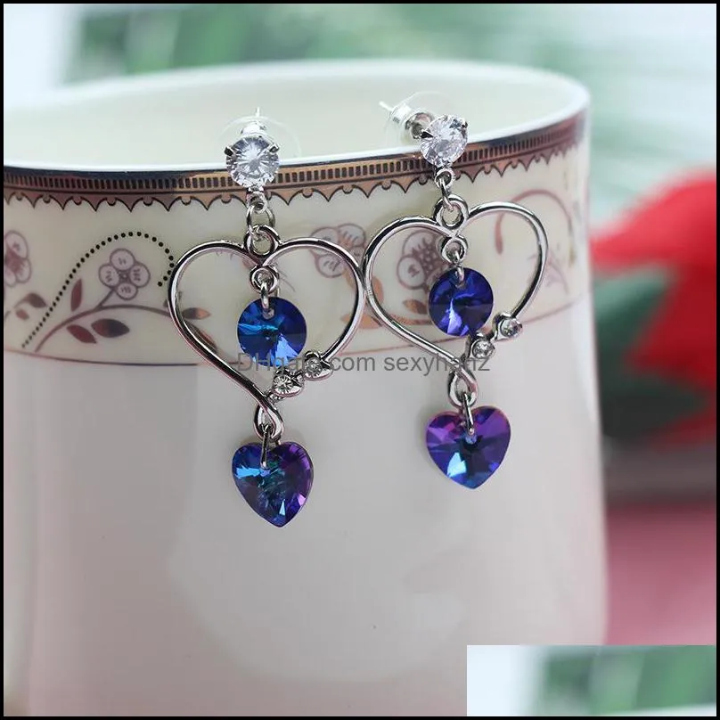 Hot Fashion Jewelry Women`s Crystal Earrings S925 Silver Pin Heart Stud Dangle Earrings S247