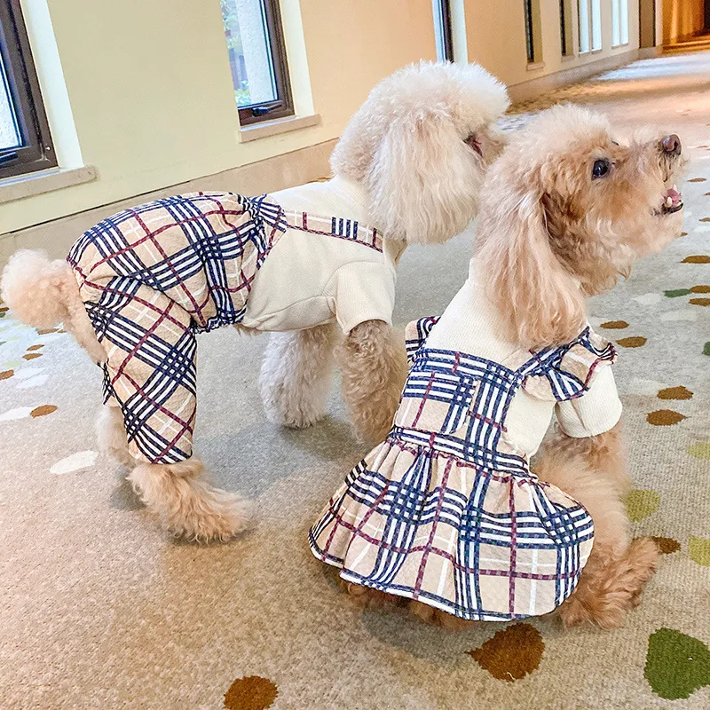 Luxury Fashion Dog Jumpsuits Designer Skirt Dog Apparel Autumn and Winter Plaid Puppy Cat Costume Toffee Couple Princess Dress Pet Clothes for Small Dogs Poodle A257