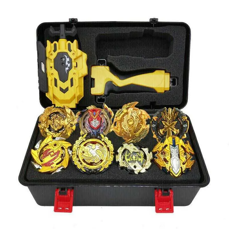 Burst B96/B48/B113/B131 Metal Fusion Bay Blade Gold Gyro Toy Set Boîte de rangement avec poignée Lanceur Gyroscope Jouets pour enfants X0528