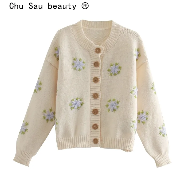 Höst Casual Chic Floral Broderi Stickade Cardigans Kvinnor Fall Fashion O-Neck Cardigan Sweater Kvinna Lösa Tröjor 210508