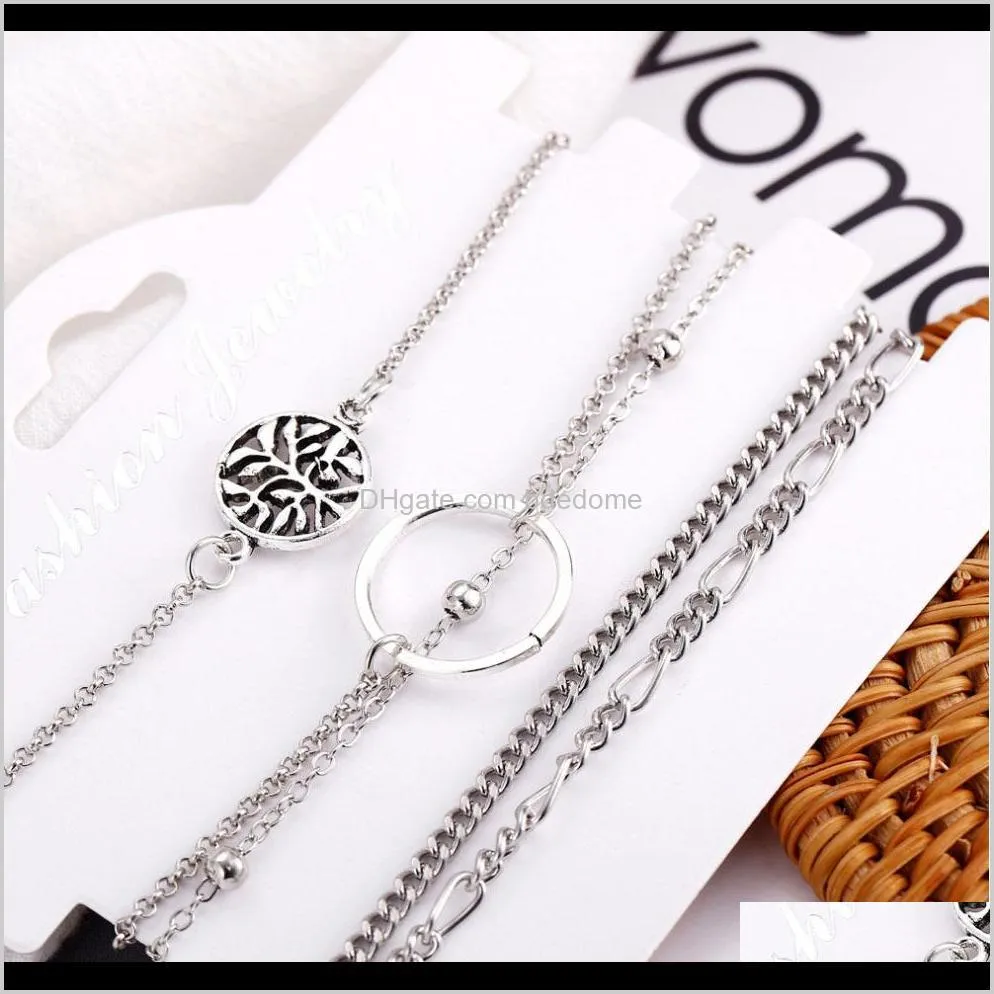 fashion jewelry bracelets set metal chain bead round tree circle charm silver plated lobster figaro chain