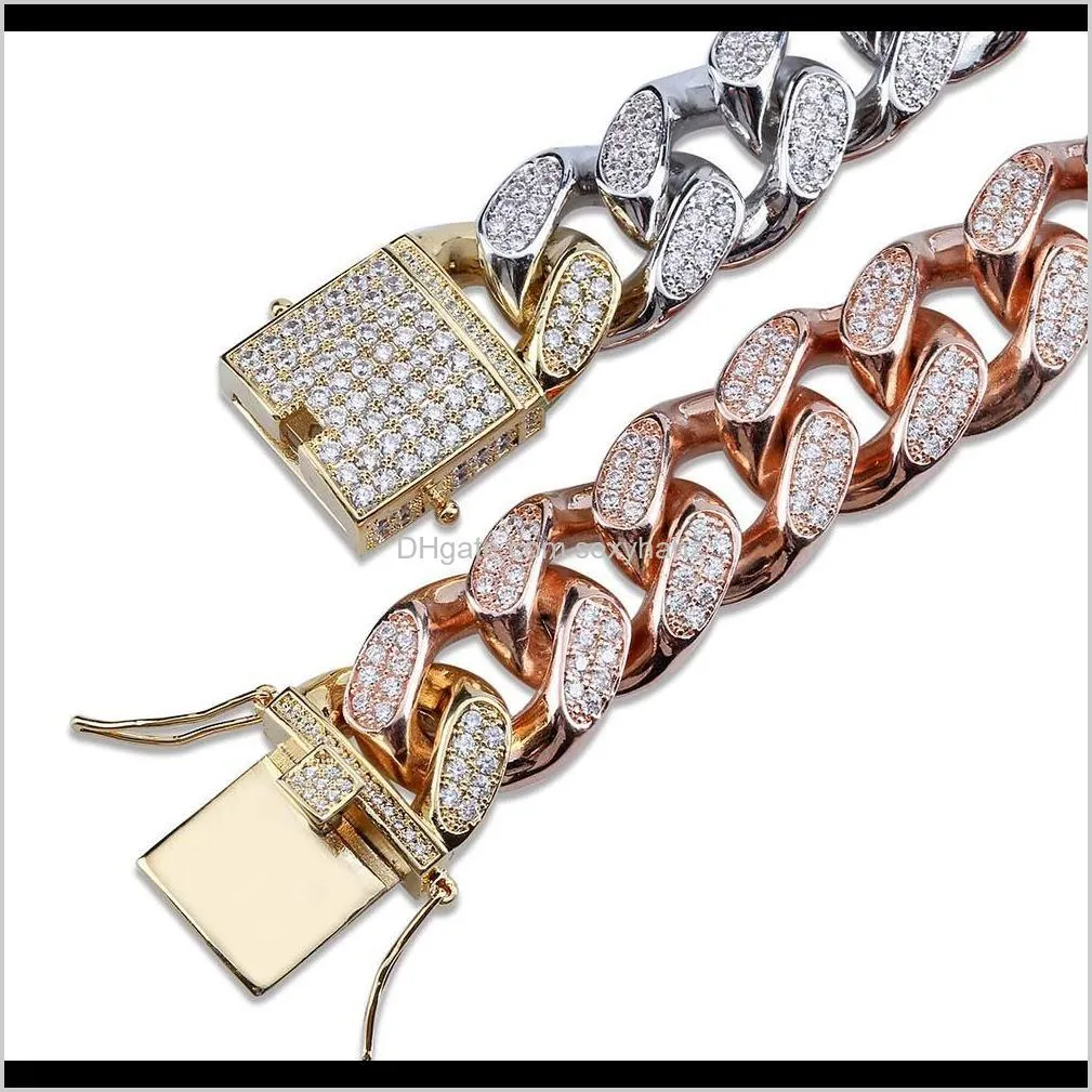 full of zircon jewelry buckled cuban chain bracelet 14mm man plating three color gold bracelet