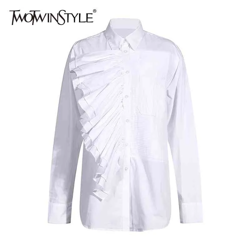 Asymmetrisk patchwork Ruffle Women Blouse Lapel Långärmad Pläterad Casual Shirt Kvinna Fall Fashion 210524